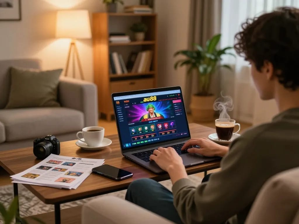 Person enjoying online gaming at nhà cái au88 on a laptop in a cozy living room.