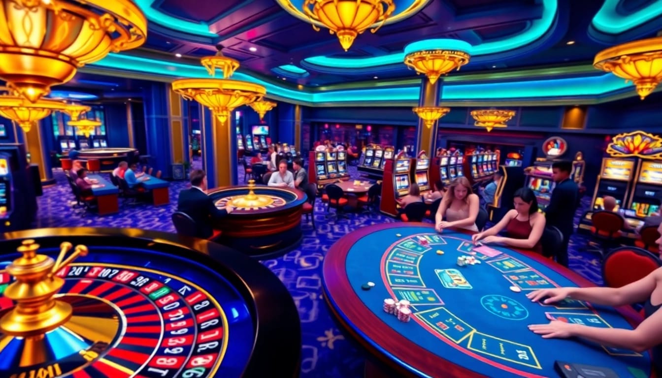 Exciting casino scene showcasing BL555 with vibrant roulette wheel and enthusiastic players.