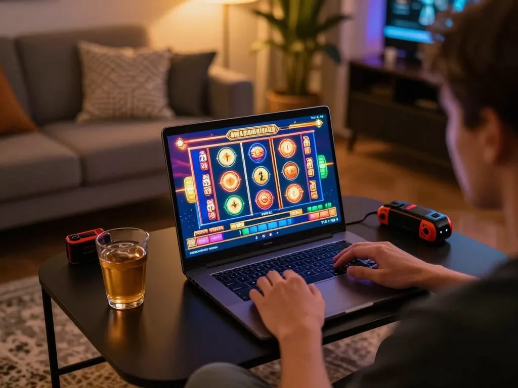 Player enjoying online gaming at home on hay88x, showcasing a vibrant slot machine interface.
