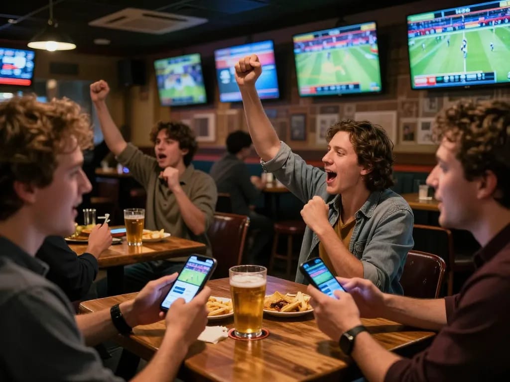 Excited patrons analyzing kèo nhà cái while cheering for their teams in a vibrant sports betting atmosphere