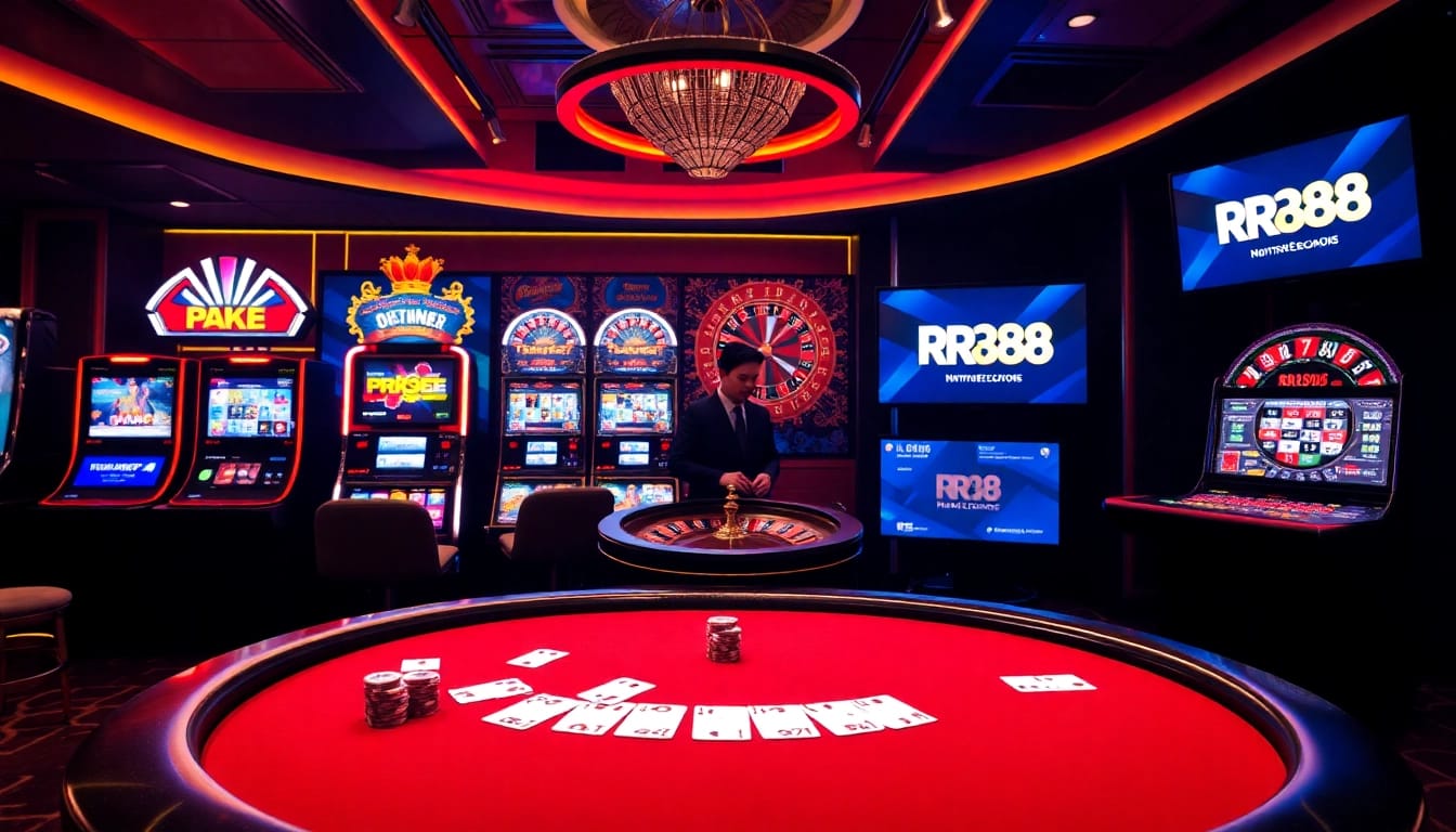 Experience the excitement of RR88 with a high-stakes poker game and vibrant online casino elements.