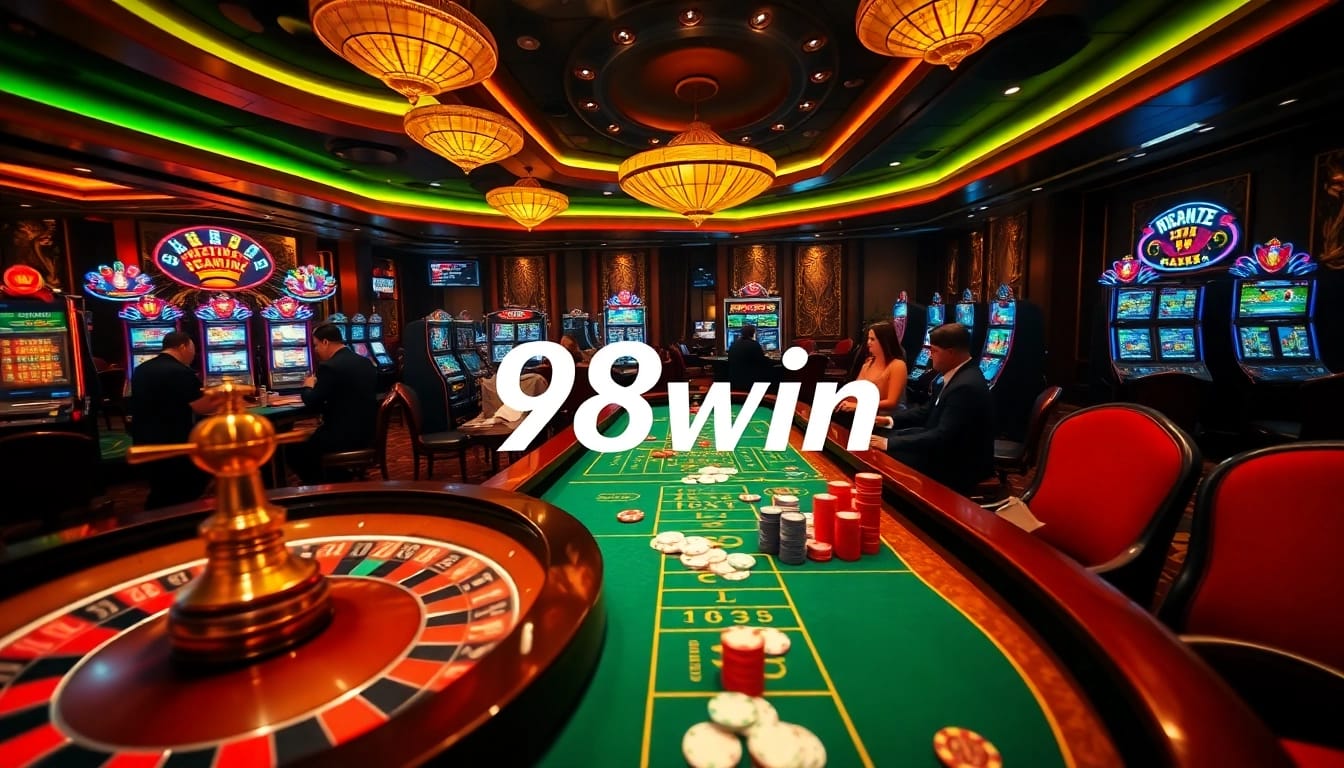 Engaging scene of players enjoying games at an upscale casino showcasing 98win roulette and poker tables.