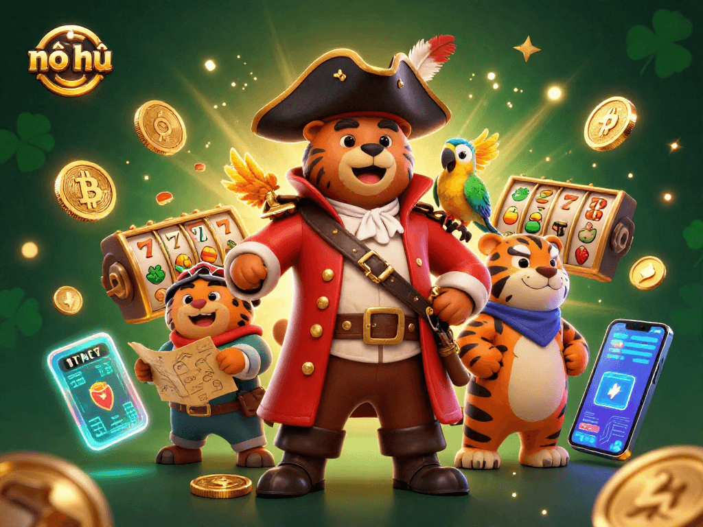 Experience thrilling nổ hũ adventures with our dynamic 3D casino illustration showcasing pirate characters and slot machines.