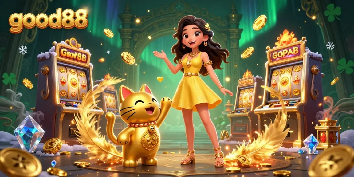 Engaging scene featuring good88, an Asian woman and a lucky cat enjoying slots and casino fun.