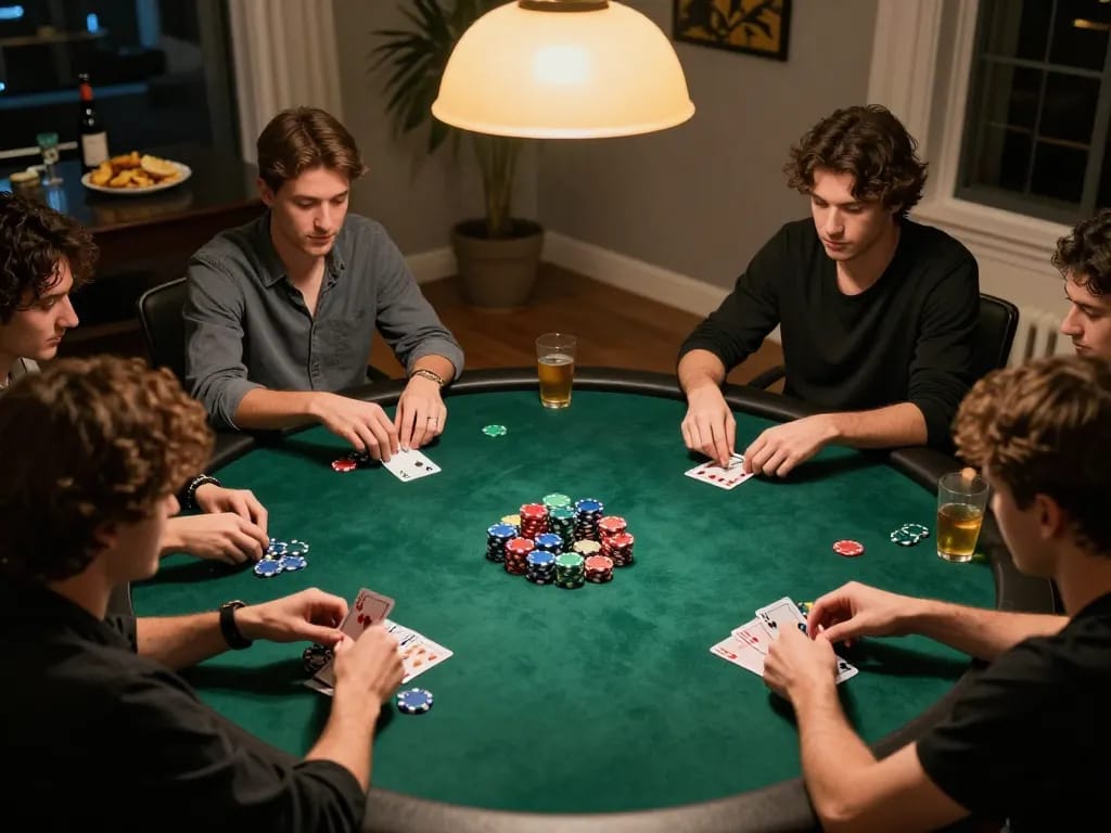 Fly88 players strategizing during a lively poker game with chips and drinks on the table.
