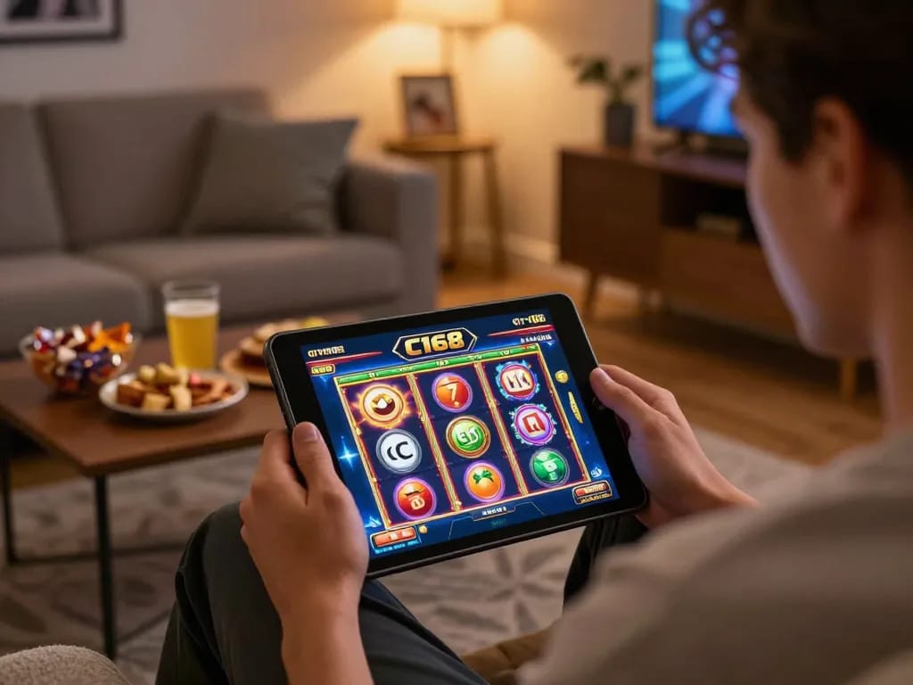 C168 casino player engaged in colorful slot gaming on tablet in cozy living room setting
