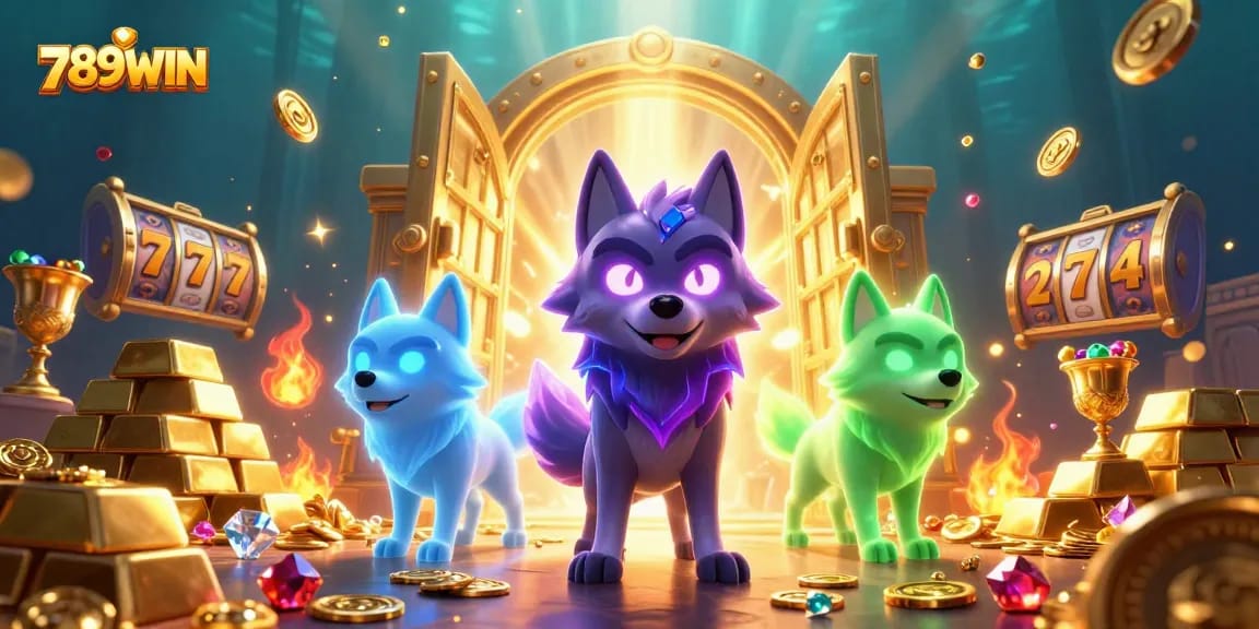 Experience the thrill with 789WIN's dazzling casino scene featuring enchanting wolves.