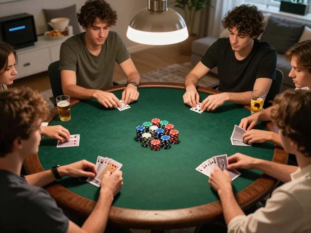Friends enjoying an intense home poker night at abc8, showcasing vibrant chips and engaged gameplay.