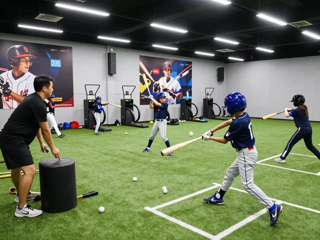 Hitclub young athletes training in advanced baseball facility, demonstrating energy and teamwork.