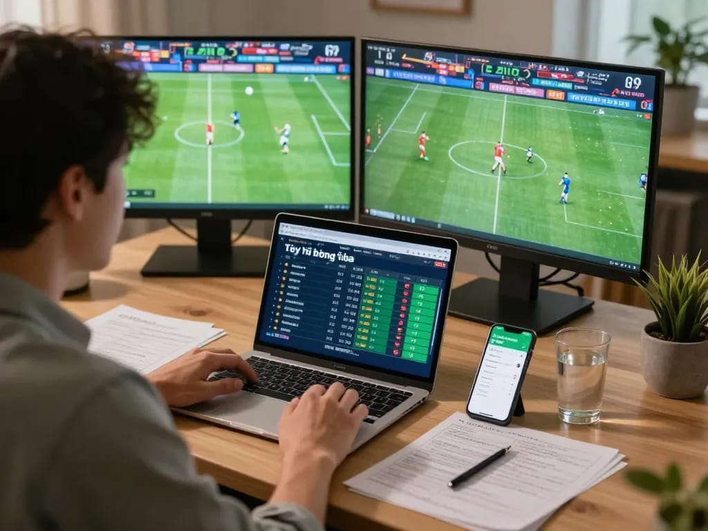 Engaged sports bettor analyzing Tỷ lệ bóng đá odds on multiple screens, showcasing strategic betting