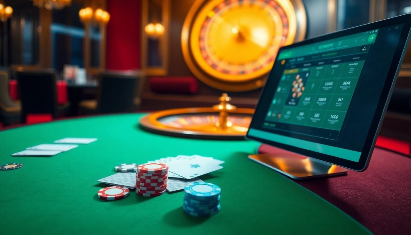 Experience excitement at kuwin with a vibrant casino scene featuring poker tables and roulette wheels.