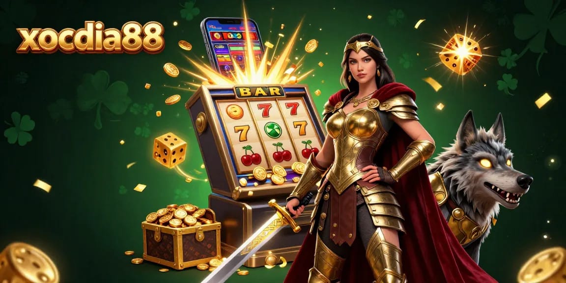 Xocdia88 offers an exciting experience with a vibrant casino scene filled with winning symbols and dynamic game elements.
