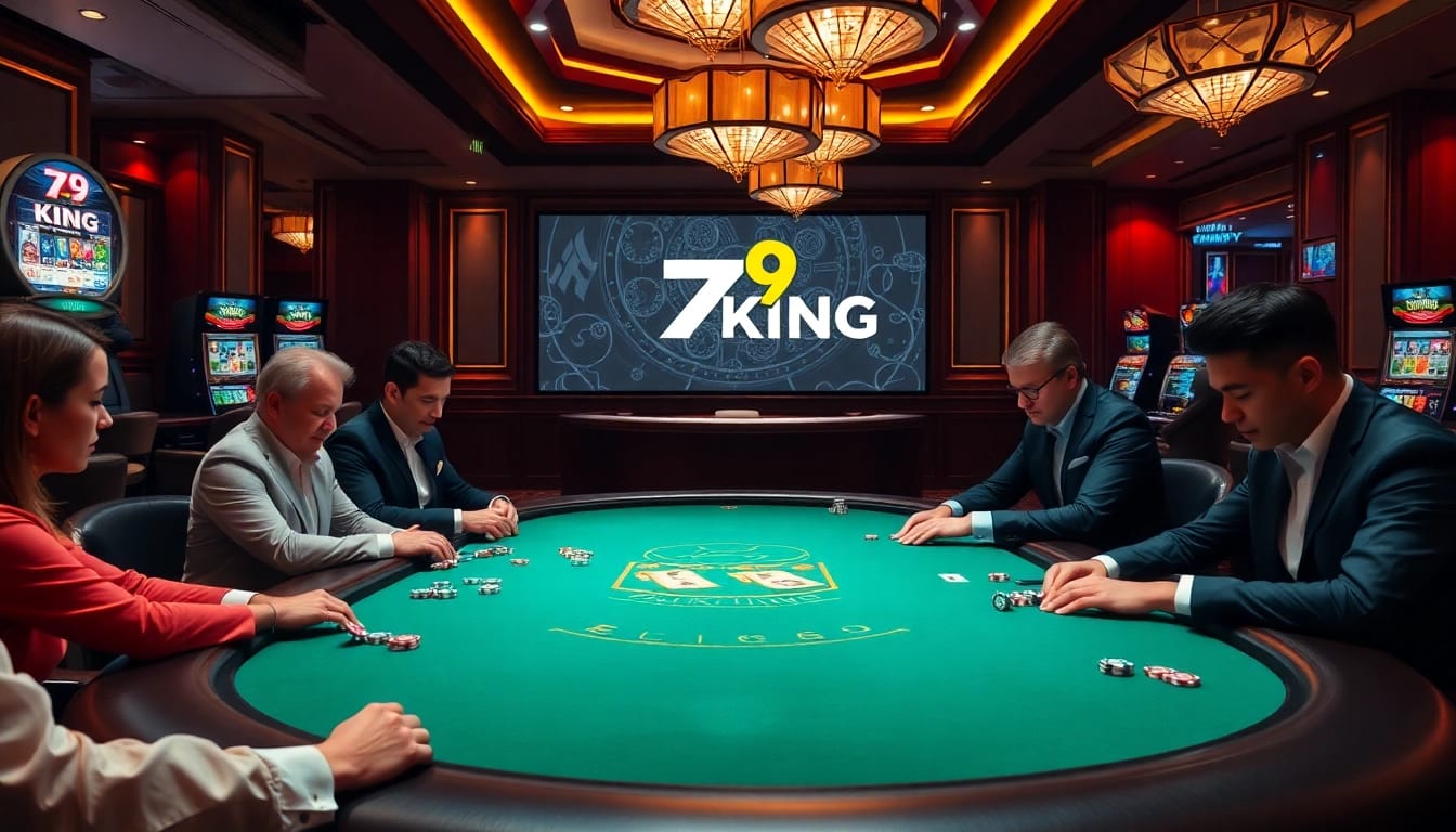 Players engaged at a poker table in a professional casino scene showcasing 79KING's logo and gaming excitement.