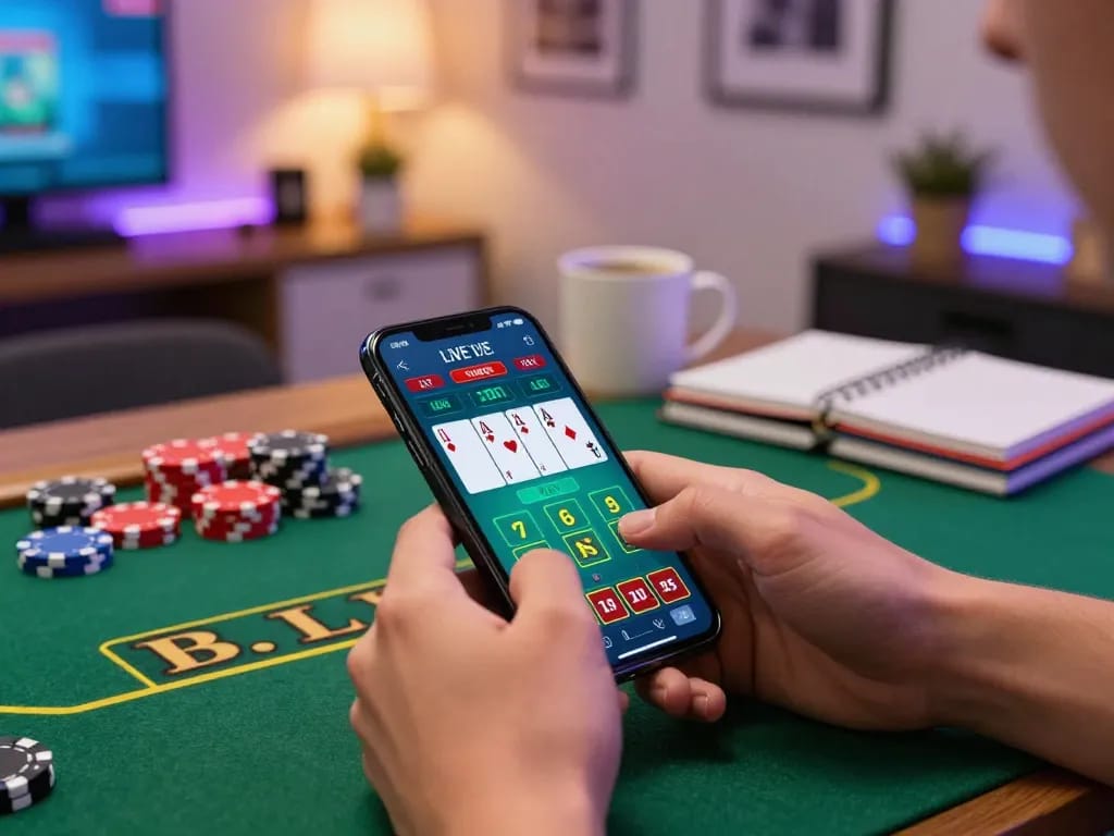 Sunwin player engaging in live blackjack action on a smartphone in a cozy home office setting