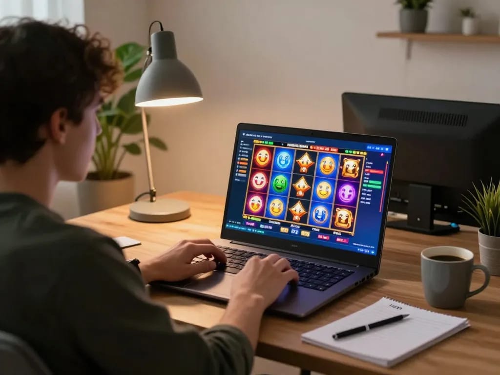 Engaging player spinning reels at tg88 online casino on laptop, capturing vibrant gaming atmosphere.