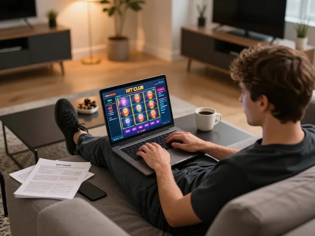 Play HIT CLUB online from a cozy home setup, enjoying gaming on a laptop with warm ambiance