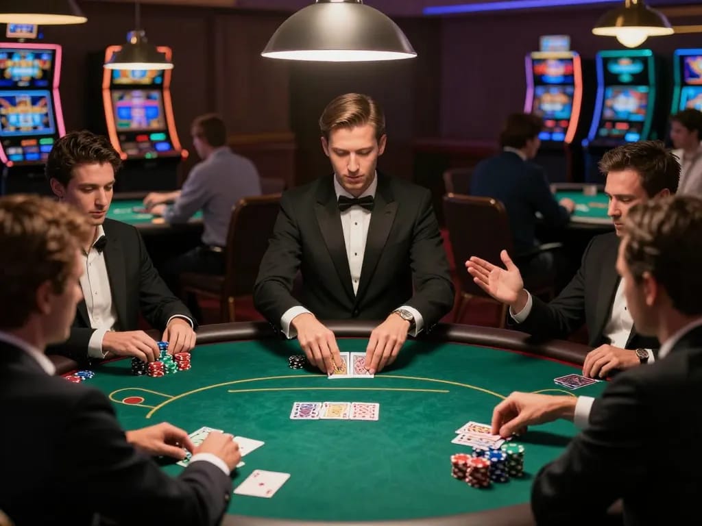 CM88 poker scene showing players engaged in a high-stakes game with focused dealer action.