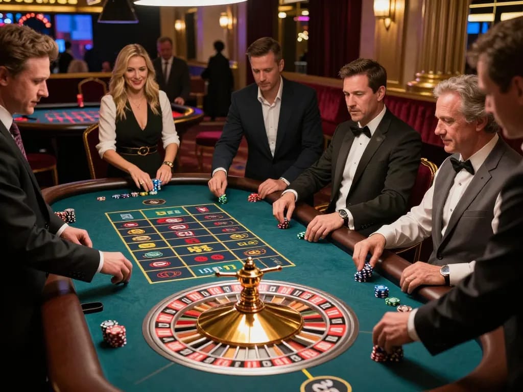 Engaged players at HB88 roulette table experience thrilling gameplay in an upscale casino setting