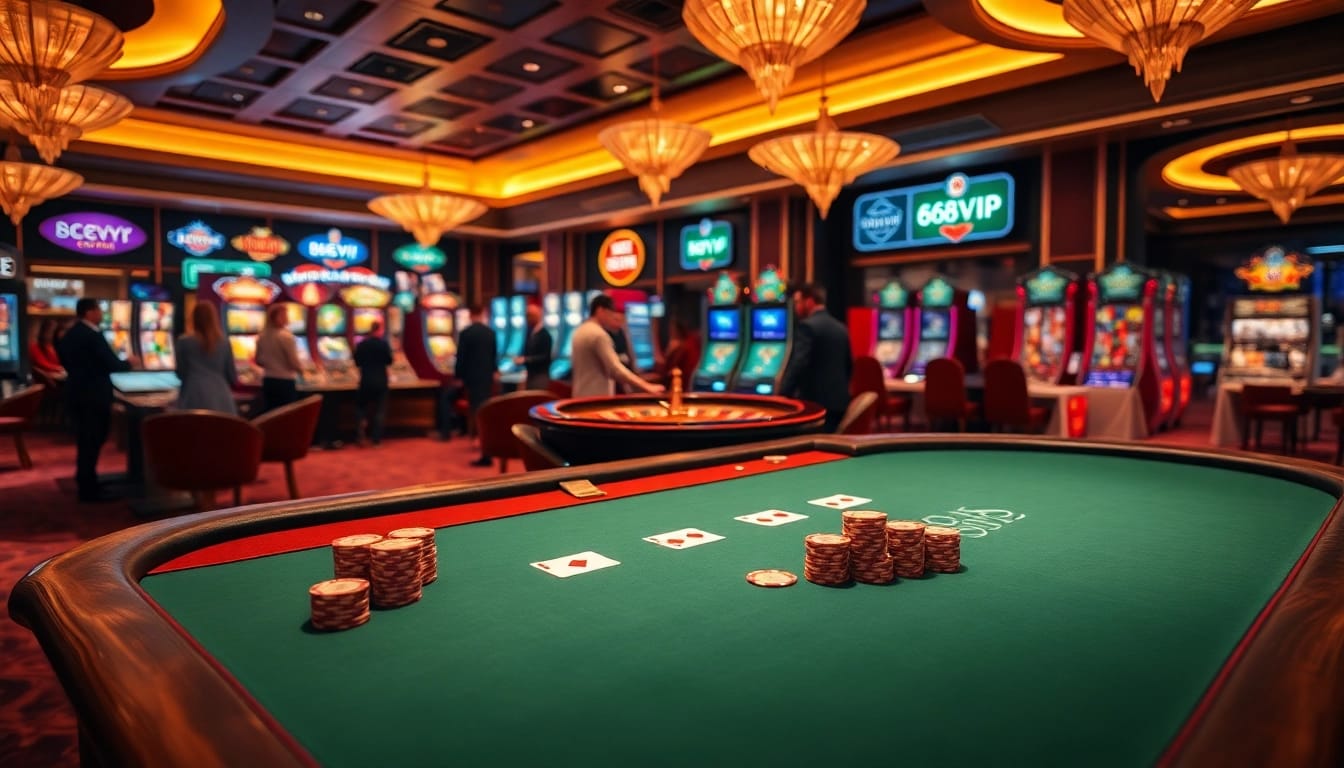 Experience the thrill of gaming with 68VIP at a modern casino featuring poker tables and slot machines.