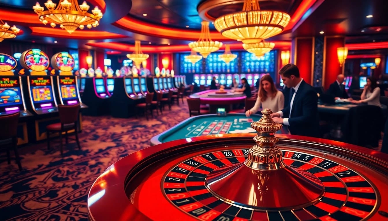 Captivating casino scene with nohu90 slot machines and players engaging in thrilling bets.
