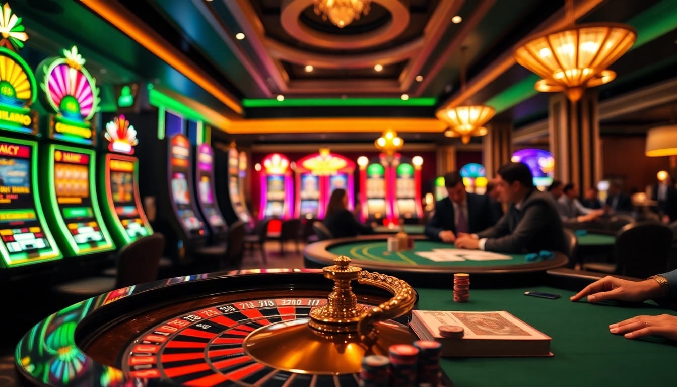 Exciting casino gaming scene showcasing chotruyen-themed poker and roulette in a luxurious environment.