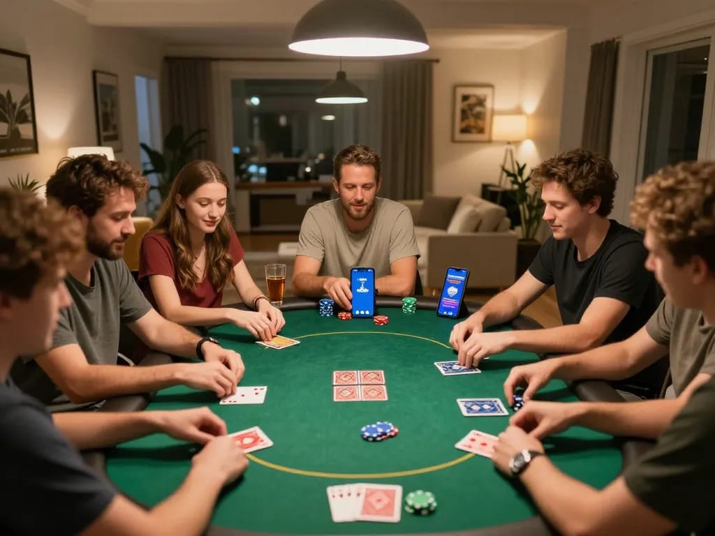 Twin68 players enjoying an engaging poker game night at home, showcasing excitement and strategy