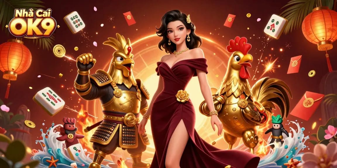 Engage in thrilling gameplay with Nhà Cái OK9's vibrant 3D casino scene featuring majestic characters and rich elements.