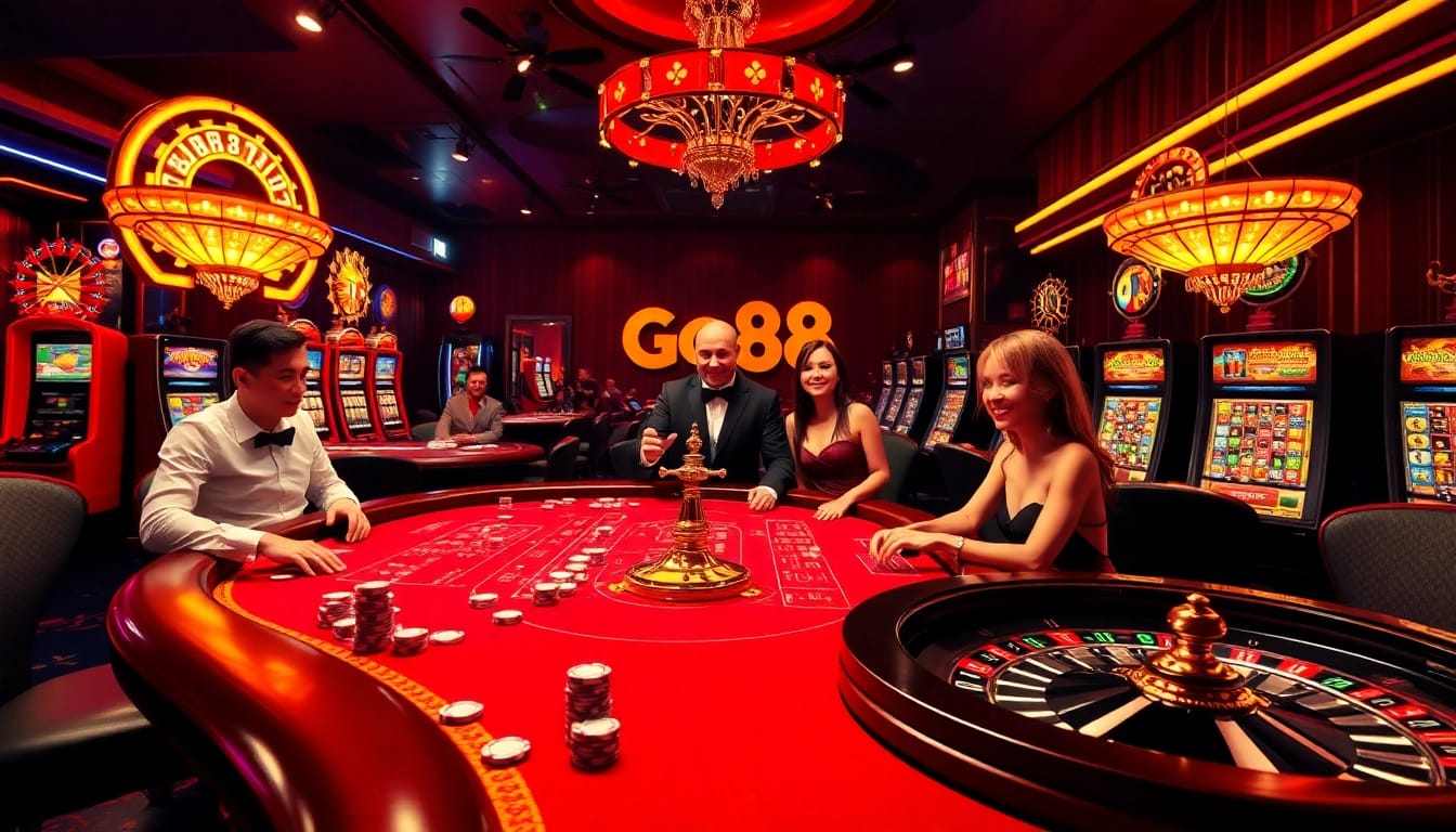 Experience the thrill of go88 gaming at a lavish casino with vibrant tables and excited players.