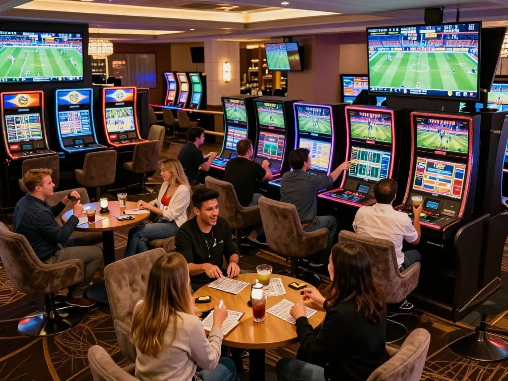 aa888 players celebrating wins at a sports betting lounge in upscale casino environment