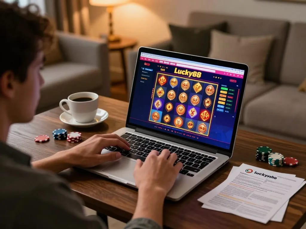 Player engaging with lucky88 casino games on a laptop, highlighting vibrant gaming experience.