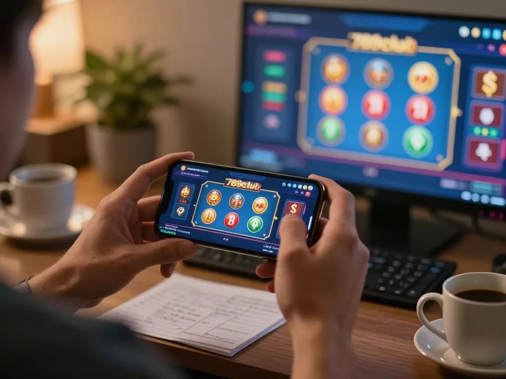 Playing 789club casino app in a cozy home setup with smartphone displaying game interface