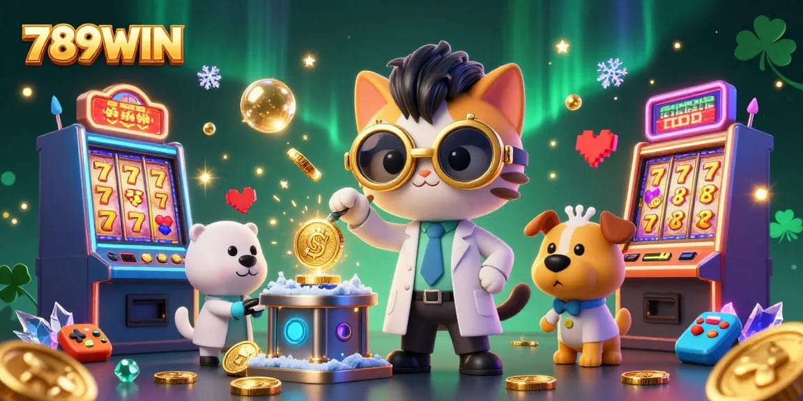 Engage with 789WIN's interactive gambling world featuring vibrant slot machines and animated characters.