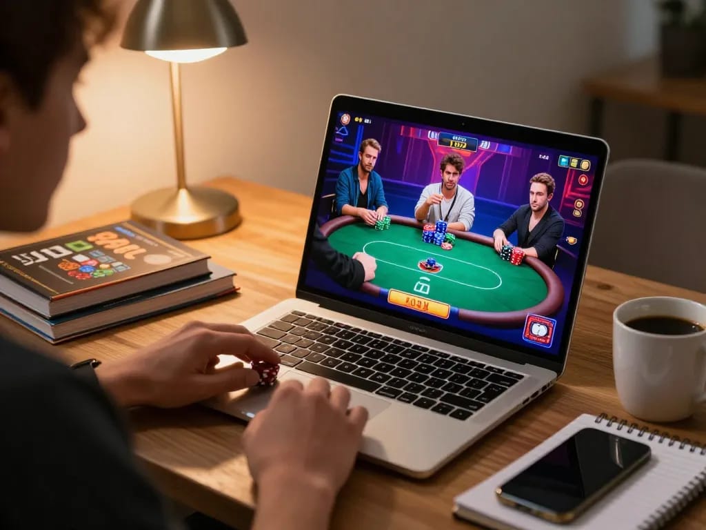 RR88 player strategizing poker game at home with laptop, coffee, and notepad.