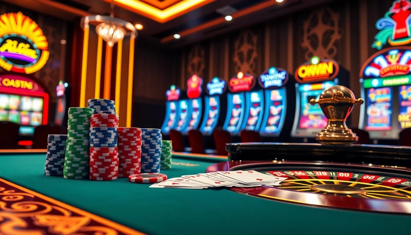 OKWIN's luxurious casino with poker chips, cards, and a spinning roulette wheel.