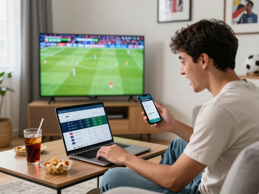 1gom betting setup with live football match on screen and odds displayed.