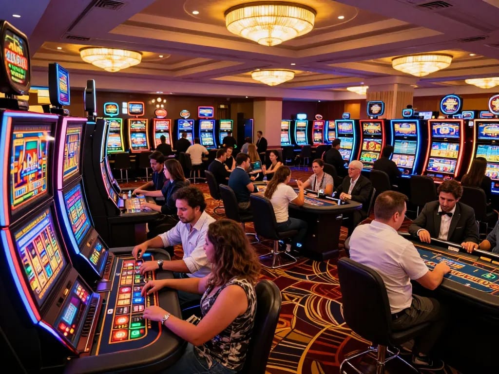 Players engaging with exciting games at 88vvgo's vibrant casino floor, celebrating wins during gameplay.