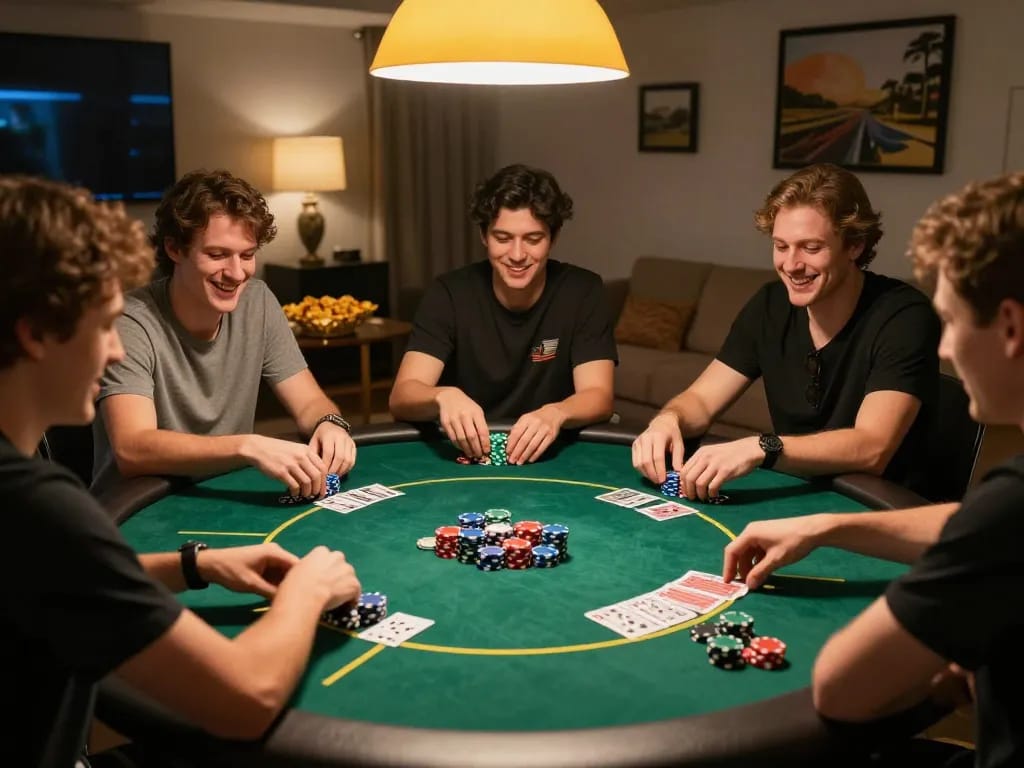 Friends playing poker at home, showcasing the strategic excitement of iwinclub gaming.