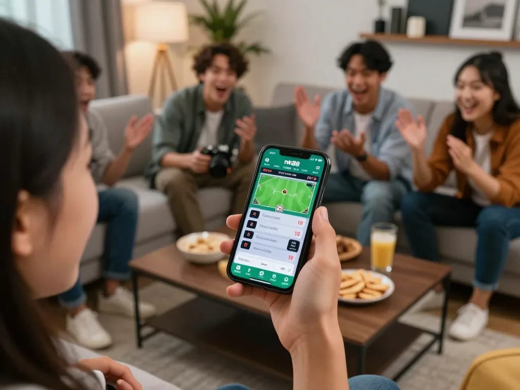 Engaged friends discussing bets while using the nk88 smoking app on a smartphone in a modern living room.