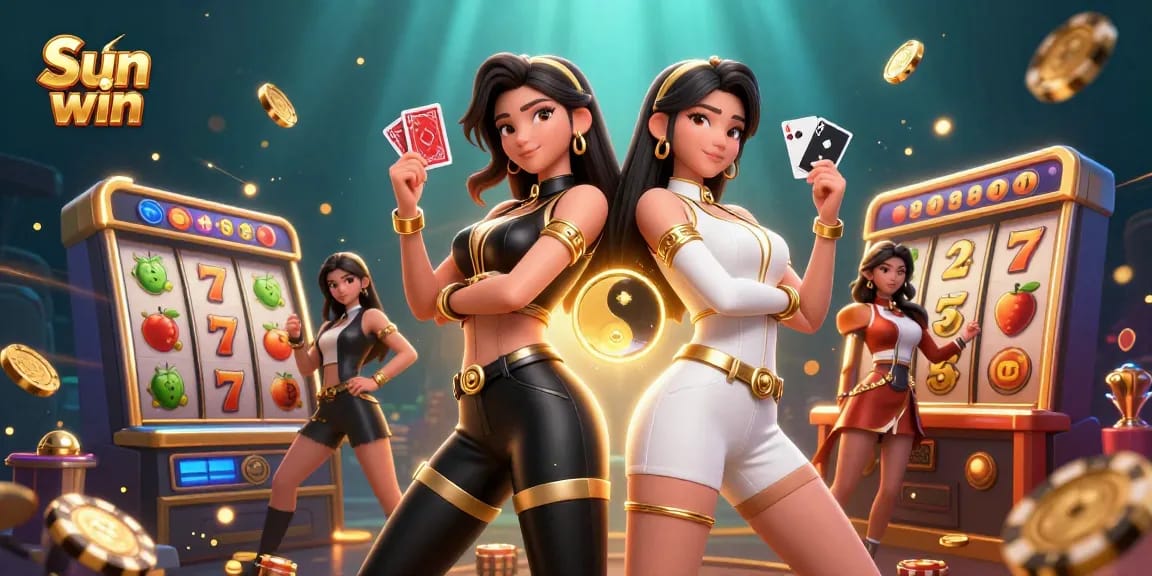 Experience exhilarating gameplay with Sun win featuring stunning twin Asian women and dynamic slot elements.