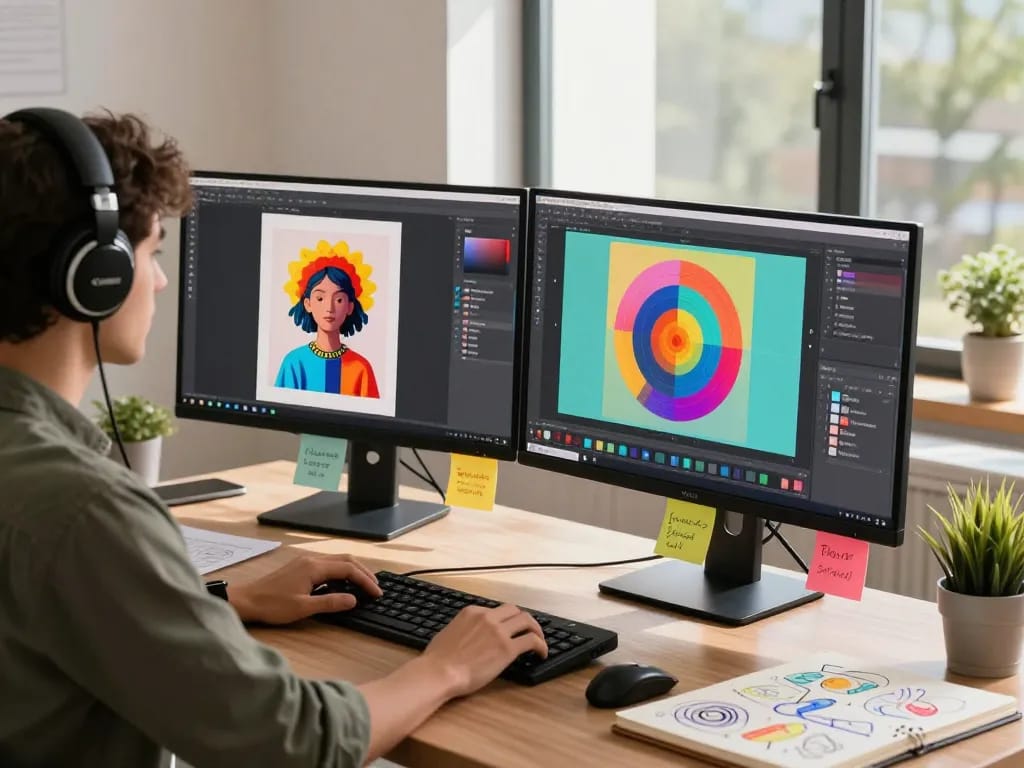 Designer utilizing nano banana 2 AI image editor in modern workspace, creating vibrant visuals.