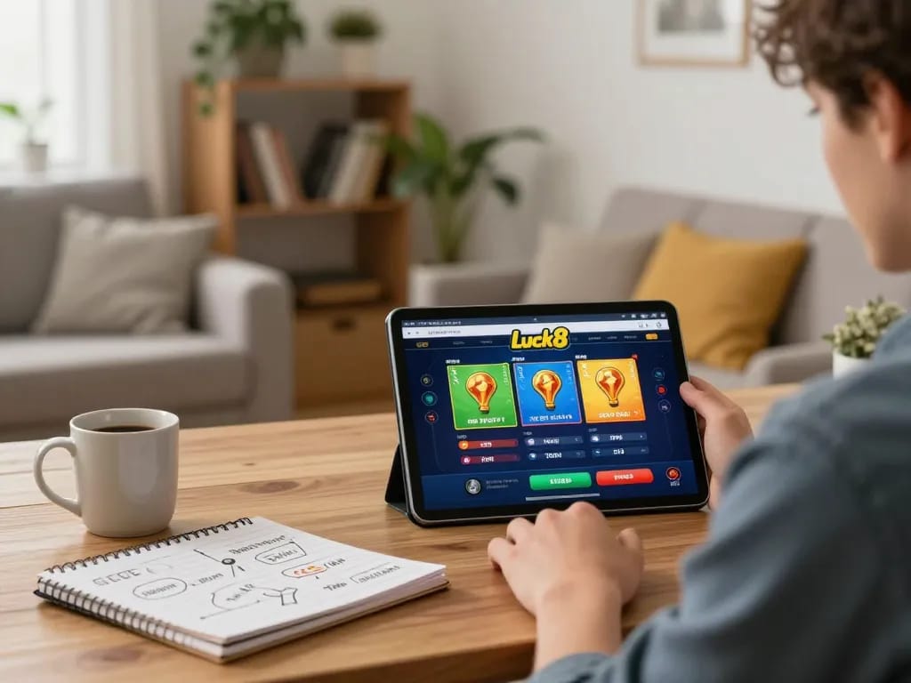 Engage in online gaming at Luck8 com with a tablet in a cozy home office setting.