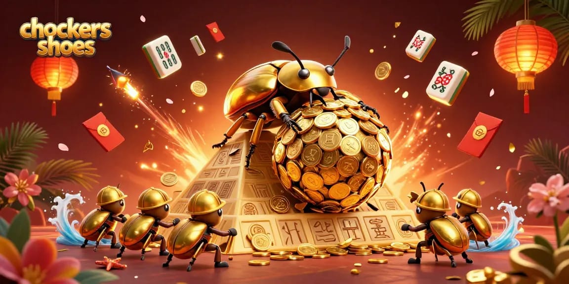 Chockers shoes bring luck as the gold coin beetle rolls towards treasure in a vibrant casino scene.