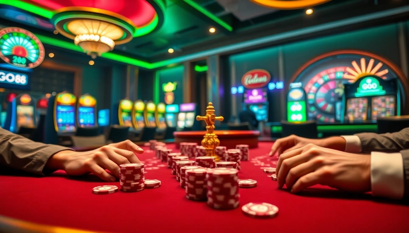 Players engaging at a GO88-themed poker table, depicting high-stakes action and luxury.