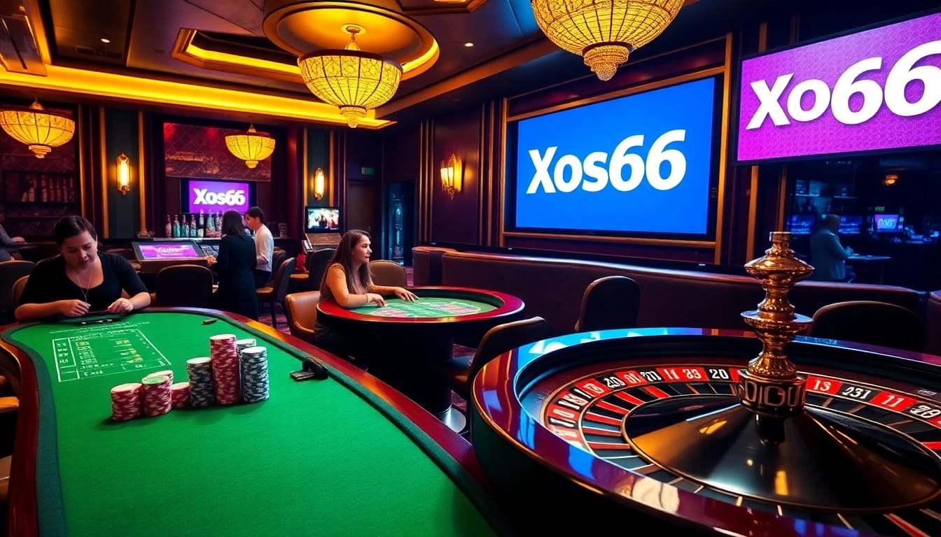 Betting excitement at Xoso66 casino scene with vibrant tables and roulette wheel.
