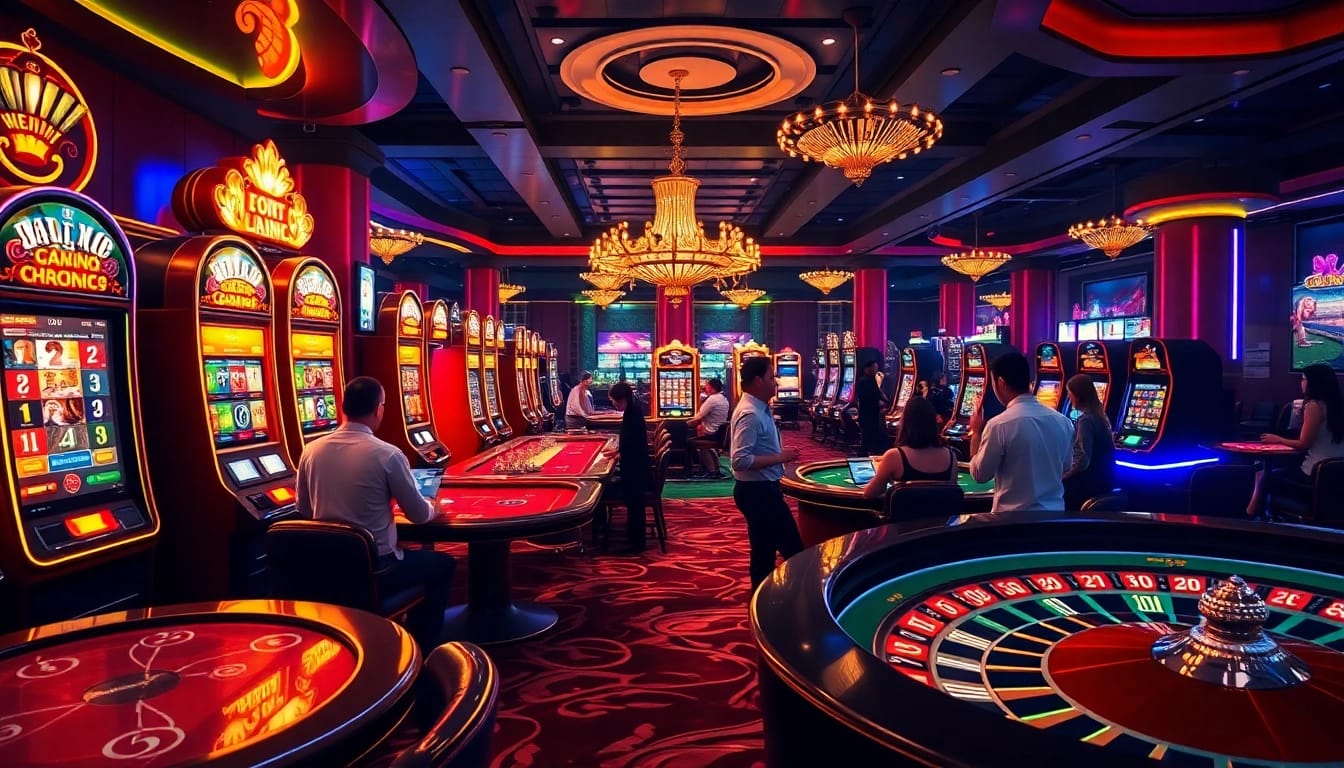 Experience thrilling gaming at THABET Casino with link vào thabet showcasing vibrant slot machines and poker tables.