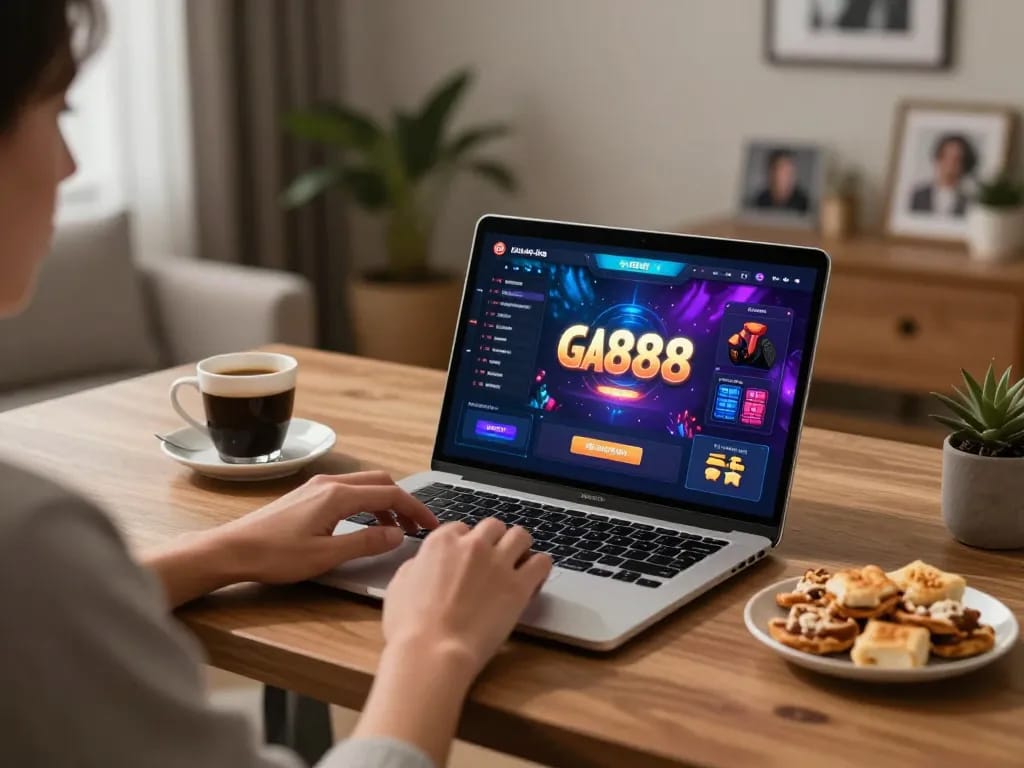 Engaging in online gaming with ga8888 interface on screen, showcasing a stylish home desk setup.