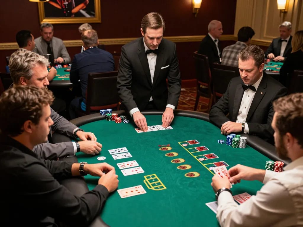 U888 players placing bets enthusiastically at a blackjack table in a lively casino