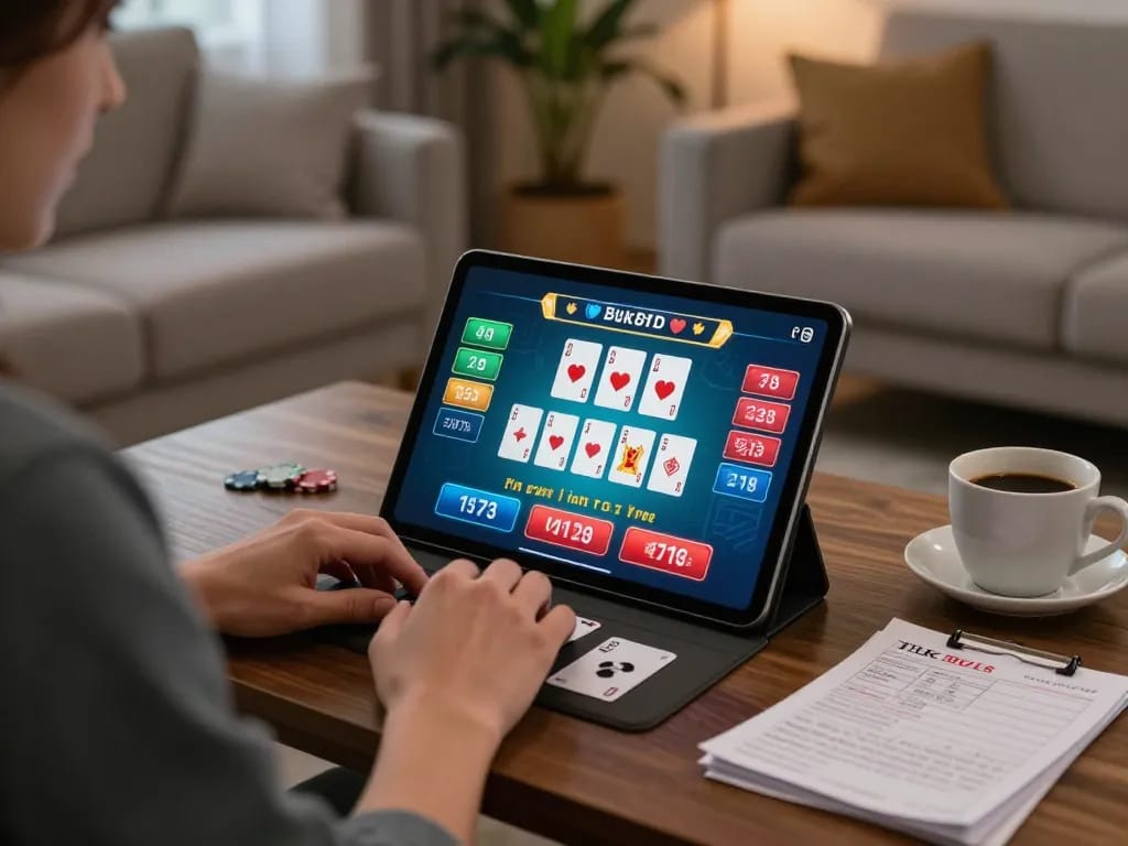 Playing blackjack online with okking tablet interface in cozy home environment