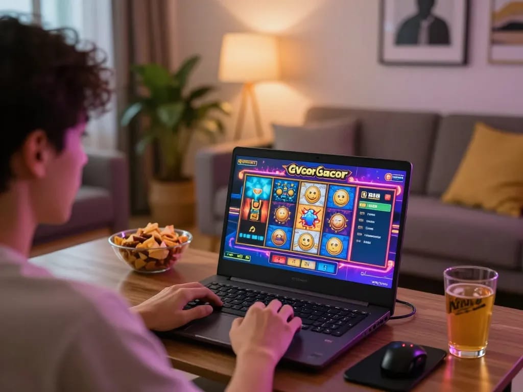 Permainan menarik di rumah dengan slot gacor gampang menang yang ditampilkan di layar, mendorong pengalaman bermain yang strategis dan menyenangkan.