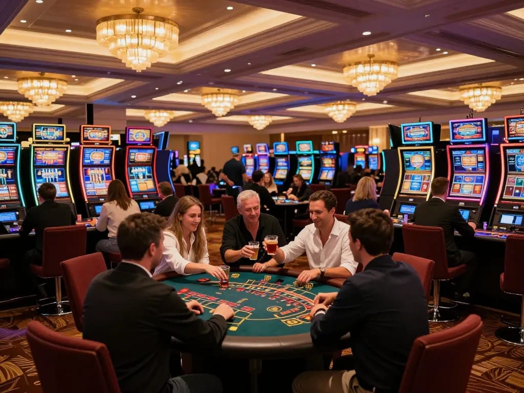 king88 players enjoying vibrant slot machines and casino games in an upscale environment
